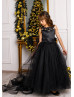 Black Lace Appliques Tulle Flower Girl Dress With Train Black Lace Appliques Tulle Flower Girl Dress With Train